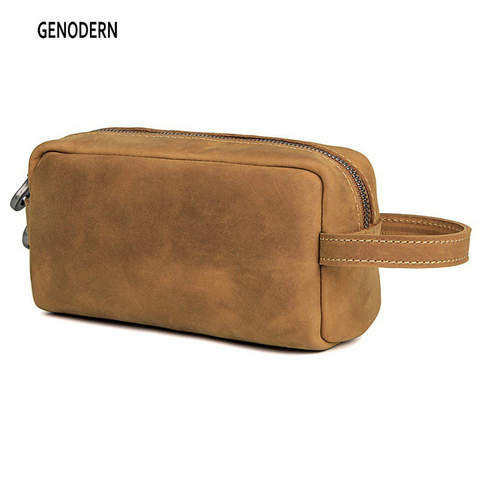 Sac à cosmétiques de voyage en cuir véritable pour hommes, trousse de toilette de voyage pour hommes, Kit Dopp organisateur grande capacité Vintage en peau de cheval fou ► Photo 1/6