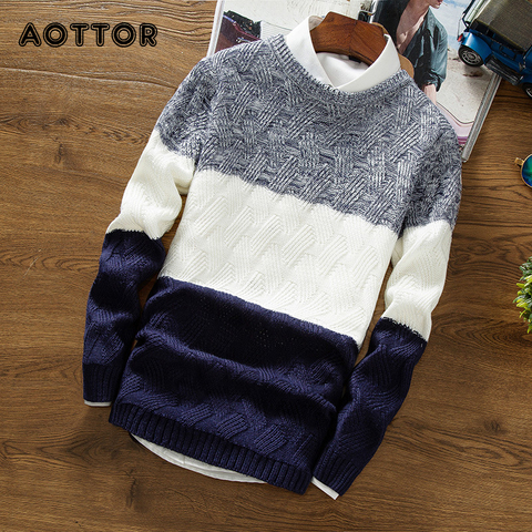 Pull cachemire pull épais chaud pulls hommes automne O cou à manches longues couleur bloc Patchwork mince tricoté pull pull ► Photo 1/6