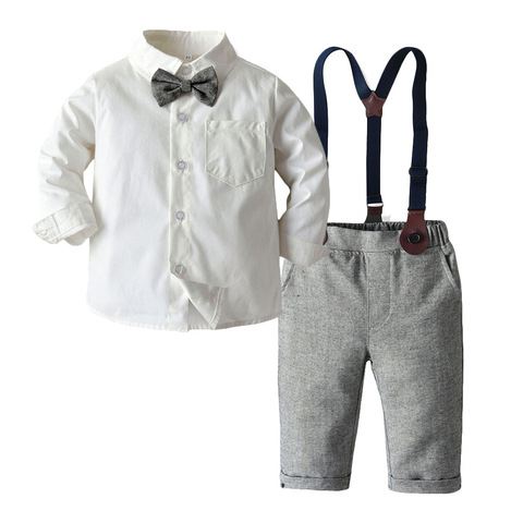 Ensemble de vêtements pour garçons | Tenue blanche pour hommes, chemise avec nœud papillon + pantalon gris, vêtements de fête et de mariage, beaux vêtements pour garçons ► Photo 1/6