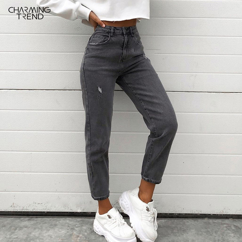 Serré élastique jean femmes pieds pantalon neuf pantalon en détresse 2022 automne hiver Vintage taille haute Denim pantalon femmes gris ► Photo 1/6