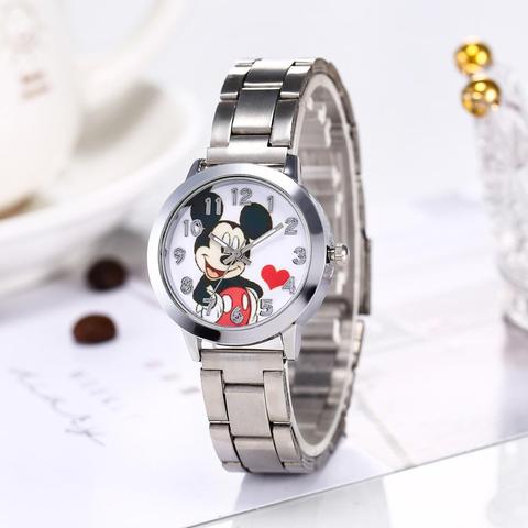 Montre de luxe à Quartz pour femmes et filles, avec motif de dessin animé Mickey et Minnie, en argent, à la mode, pour enfants ► Photo 1/6