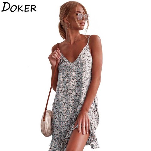 Mini robe à imprimé Floral pour femmes, Sexy, col en v, sans manches, à volants, épaules dénudées, robe de plage, style Boho, été, 2022 ► Photo 1/6