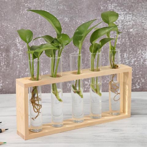 Vase en verre Transparent cadre en bois fer Art Terrarium bonsaï Table ornements verre et bois Vase planteur Terrarium Table bureau ► Photo 1/6