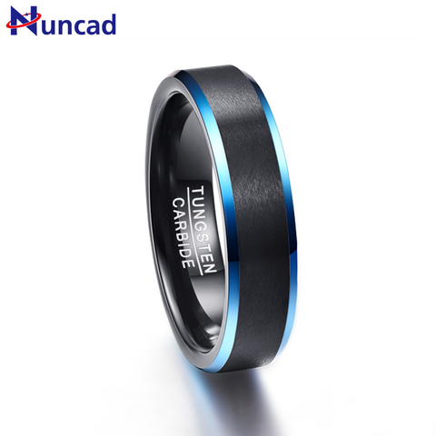 NUNCAD 6MM bleu bords biseautés noir carbure de tungstène anneau mat brossé finition confort ajustement taille 7 à 12 ► Photo 1/6