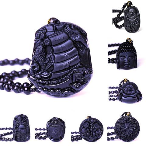 Pendentif amulette porte-bonheur en obsidienne noire naturelle sculptée à la main, collier gratuit à la mode, bijoux fins pour hommes et femmes, nouveau ► Photo 1/6