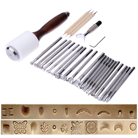 25 pièces/ensemble manuel en cuir sculpture timbre marteau gaufrage biseauté outils Kit maroquinerie Staming outils ► Photo 1/6