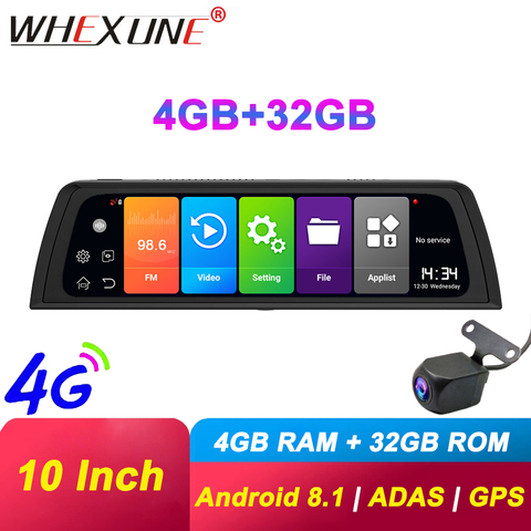 WHEXUNE 4G Android tableau de bord caméra 10 pouces voiture DVR pour rétroviseur automatique WiFi HD enregistreur vidéo GPS Navigation enregistreur ► Photo 1/6