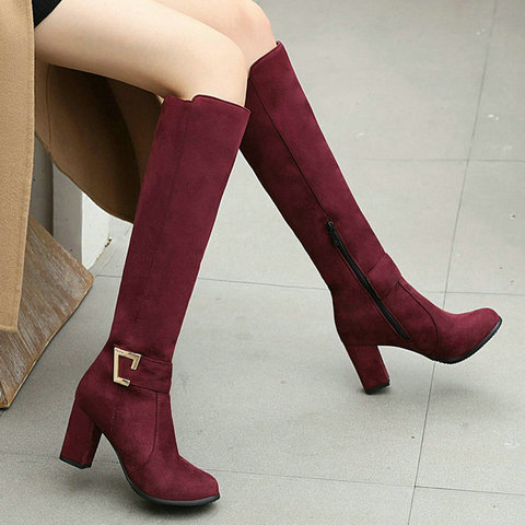 Bottes hautes en Faux daim pour femme, chaussures à talons carrés, avec boucle, à la mode, en noir, bleu, vin, rouge, nouvelle collection automne hiver 2022 ► Photo 1/1