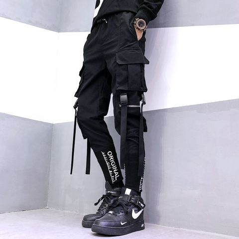 Hip Hop hommes rubans Cargo pantalon mode Harajuku 2022 nouvelle taille élastique décontracté Streetwear hommes Joggers pantalon noir ► Photo 1/5