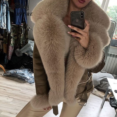 Manteaux d'hiver en peau de mouton pour femme, col de renard naturel, épais, doublure en fourrure, veste en cuir véritable ► Photo 1/6