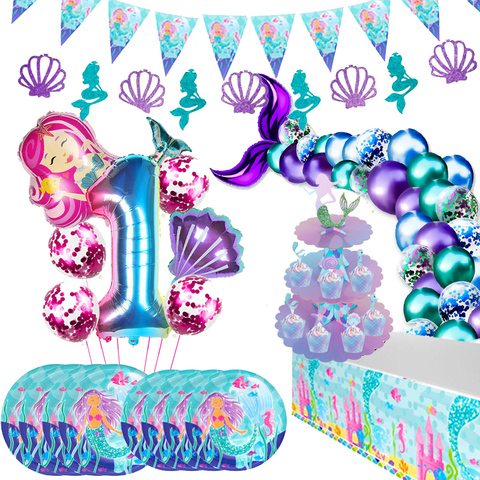 Petites fournitures de fête en forme de sirène de l'océan, Kit de vaisselle pour anniversaire, décoration de mariage, pour premier anniversaire de fille ► Photo 1/6