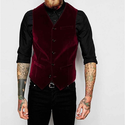 Gilet en velours bordeaux pour homme, col en V, à simple boutonnage, gilet pour homme décontracté ► Photo 1/4