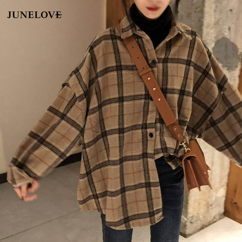 JuneLove femme printemps rue Blouse chemises Vintage surdimensionné Plaid flanelle petit ami tunique chemise pour les femmes décontracté coréen hauts ► Photo 1/6