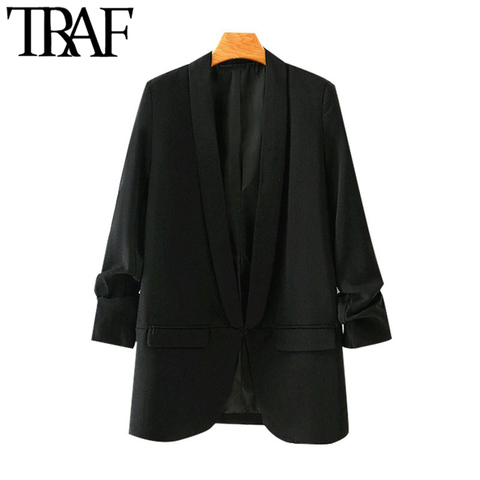 TRAF – Blazer Vintage à manches plissées pour femme, vêtement de bureau, simple, noir, poches, vêtement d'extérieur Chic ► Photo 1/6