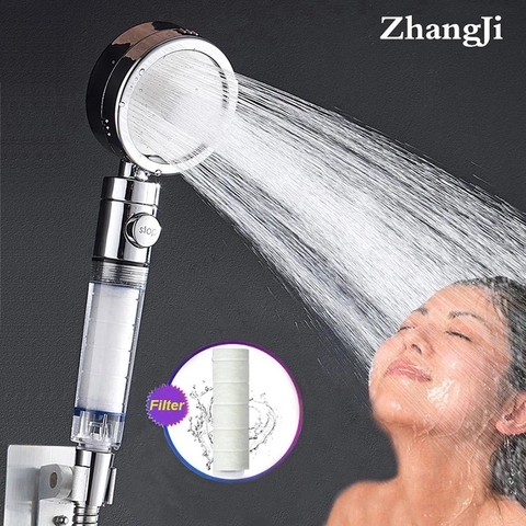 Zhangji salle de bain 3 Modes pomme de douche avec arrêt d'eau à un bouton élément filtrant remplaçable buse d'économie d'eau à haute pression ► Photo 1/6