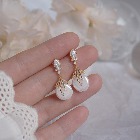 Boucles d'oreilles élégantes en perles pour femmes, bijoux de luxe en or véritable 14K, zircone AAA, pour mariage, cadeau de noël ► Photo 1/5