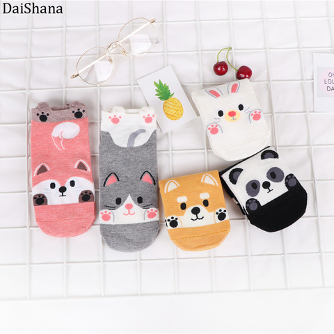 Chaussettes en coton pour femmes, 5 paires, à la mode d'animaux de dessins animés, pour automne et hiver, pour lapin, renard, chien, Panda, kawaii, chaussettes amusantes pour filles ► Photo 1/6