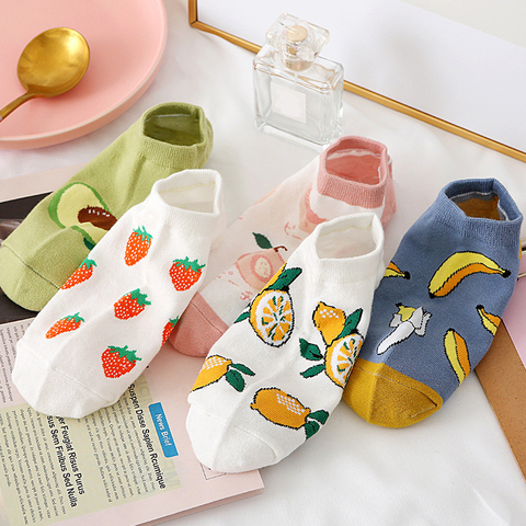 2022 femmes chaussettes courtes colorées Sox coton bateau sans couture Harajuku femmes femelle mignon pieds chaussette avec des impressions de fruits ► Photo 1/6