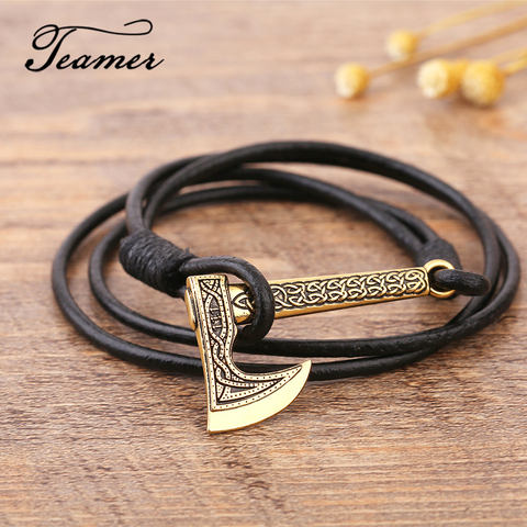 Teamer – Bracelet de Pirate en cuir pour hommes, accessoires en forme de hache, couleur argent, fait à la main ► Photo 1/6