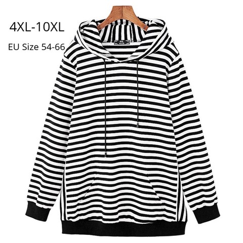 Sweat-shirt à manches longues pour femme, grande taille, 10xl, 8xl, 6xl, printemps-automne, noir, blanc, rayé, à capuche, Tops Femininas ► Photo 1/6