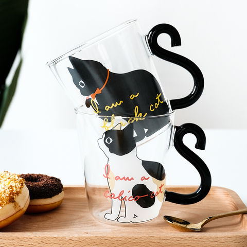 Tasse en verre de jus de chat mignon 250ML, tasse à café, lait de thé verre poignée queue de chat cadeaux d'amoureux cuillère en acier ► Photo 1/6