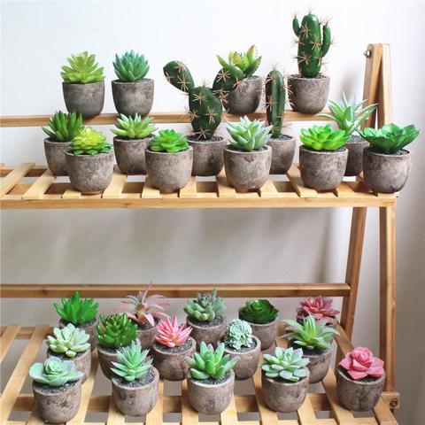 Ensemble de 4 plantes succulentes artificielles en pot, pièces/ensemble bonsaï, vase à fleurs décoratif, décoration de balcon pour la maison ► Photo 1/6