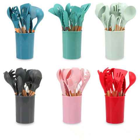 Cuisine Silicone ensemble d'ustensiles de cuisine spatule antiadhésive manche en bois résistant à la chaleur Silicone cuisson ustensile de cuisine outil de cuisine ► Photo 1/5