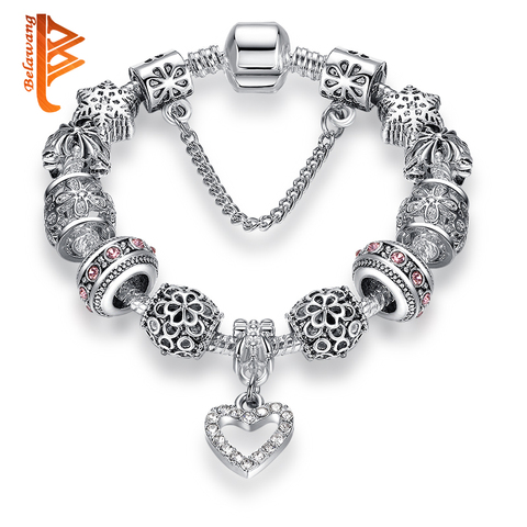 BELAWANG – Bracelet à breloques en forme de cœur pour femmes, en argent Sterling 925, de haute qualité, avec chaîne en cristal, bijoux à la mode ► Photo 1/6