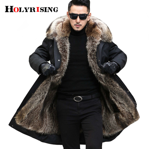 Holyrising – manteau long avec grand col en fourrure pour homme, parka épaisse en fausse fourrure de raton laveur, manteau chaud, adapté à la russie, hiver ► Photo 1/6