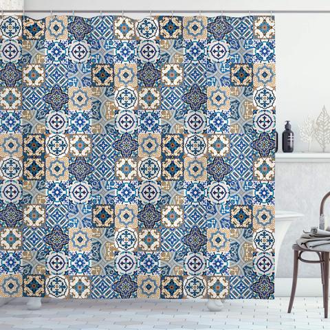 Rideau de douche marocain motif de carreaux avec des Motifs traditionnels portugais Azulejo boucles orientales salle de bain rideaux ensemble de décoration ► Photo 1/6