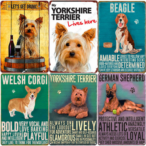 Plaque d'animal Vintage, Yorkshire Terrier, signe en métal, en étain, Pub, Bar, décor pour la maison, Corgi, affiche artistique de berger allemand, Plaque murale pour chien N373 ► Photo 1/6