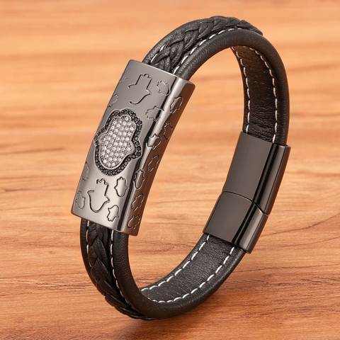 Bracelet en cuir en acier inoxydable pour hommes, motif de paume avec zircone cubique, petit accessoire de luxe, cadeau d'anniversaire, remise ► Photo 1/6