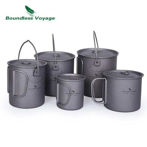 Boundess Voyage Pots de Camping titane suspendus Pot avec couvercle poignée pliante en plein air tasse d'eau pique-nique ustensiles de cuisine 750 ml/1100 ml ► Photo 1/6