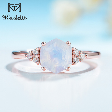 Kuololit 585 or Rose arc-en-ciel pierre de lune bague de pierres précieuses pour les femmes 925 en argent Sterling hexagone naturel bague de pierres précieuses pour romantique ► Photo 1/6
