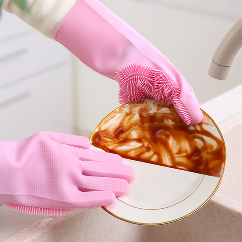 Gant en Silicone pour laver la vaisselle avec brosse, de qualité alimentaire, pour le nettoyage de la cuisine et du ménage ► Photo 1/6