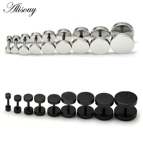 1PC homme femmes Barbell Punk gothique acier inoxydable oreille goujons boucles d'oreilles noir argent ► Photo 1/6