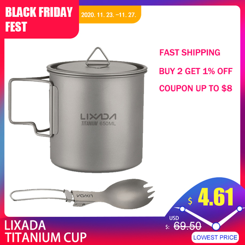 Lixada ultra-léger titane tasse Portable Camping pique-nique tasse d'eau tasse avec poignée pliable 300ml/350ml/420ml/550ml/650ml/750ml ► Photo 1/6