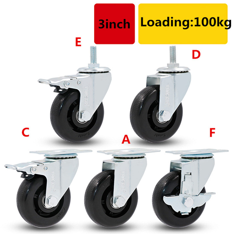 Roulettes pivotantes en caoutchouc de 3 pouces, 1 pièce, roulettes pour chariot, roulettes, freins avec/sans frein, charge universelle, 100kg ► Photo 1/6