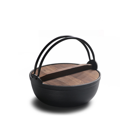 Pot de ragoût en fonte 27cm avec couvercle en bois Pot à soupe JapaneseSukiyaki Pot de ragoût non enduit champ extérieur Pot suspendu 4 personnes utiliser ► Photo 1/1