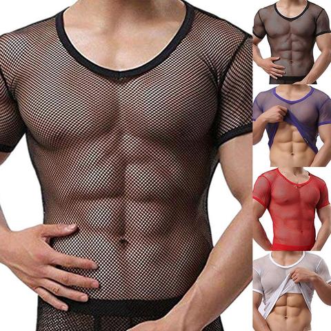 Sexy hommes T-shirt maille voir à travers T-Shirt résille Clubwear manches courtes haut maillot de corps camiseta masculina ► Photo 1/6