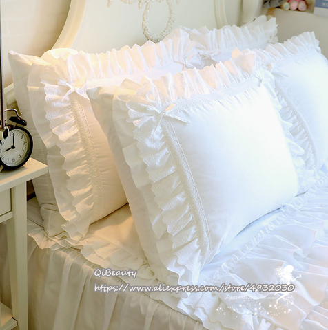 Taie d'oreiller princesse Double couche en dentelle, coton à volants, literie en pur coton pour mariage, blanc pur ► Photo 1/6