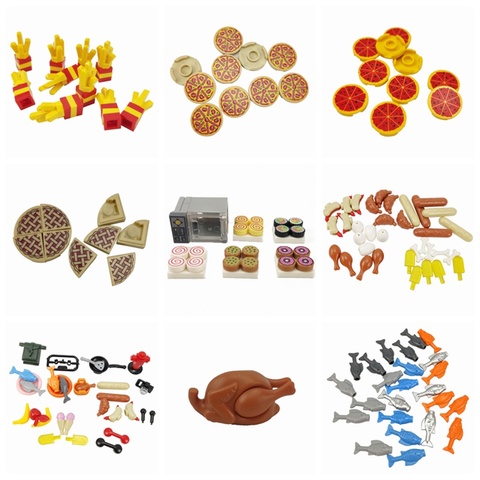 MOC pièces alimentation frites Pizza pain rôti poulet modèles blocs de construction jouets pour enfants classique bricolage blocs briques cadeaux ► Photo 1/4