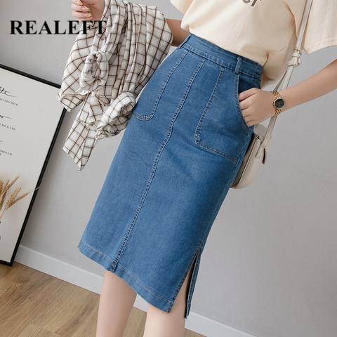 REALEFT – jupes Midi en Denim pour femmes, élégantes, chics, bleues, taille haute, fendues sur le côté, crayon, printemps été, 2022 ► Photo 1/6