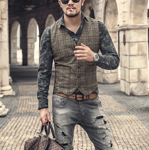 Gilet de costume à carreaux pour hommes, argent décontracté, coupe Slim, gilet d'affaires pour garçons d'honneur pour mariage ► Photo 1/6