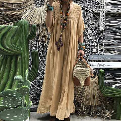 ZANZEA Maxi robe longue bohème femmes dentelle Crochet été col en V manches évasées solide robe de soleil caftan fête plage Vestido Baggy ► Photo 1/6