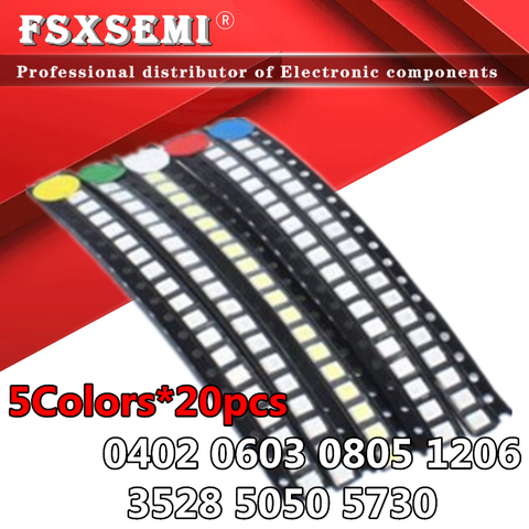 Kit d'assortiment de diodes LED SMD, 5 couleurs x 20 pièces = 100 pièces, 0402 5050 5730 1210 1206 3528 0805 0603, vert/rouge/blanc/bleu/jaune ► Photo 1/4