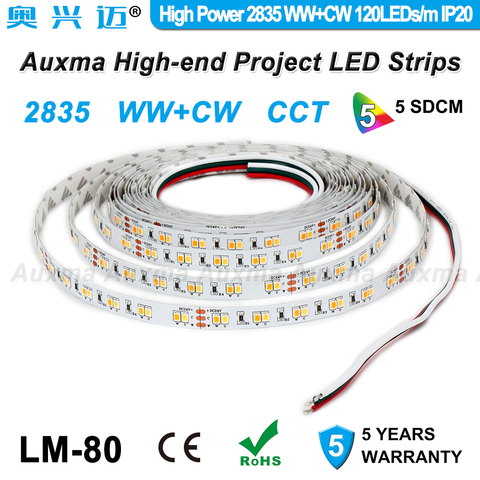 Haute puissance 2835 WWCW 120LED s/m bande de LED, 19.2 W/m, température de couleur réglable, CCT,DC12/24V,600LED s/bobine, 5 mètres/bobine, pour intérieur ► Photo 1/6