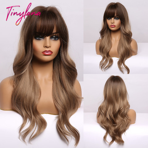 Perruque synthétique longue avec frange LANA ombré, noire et brune, coiffure ondulée naturelle pour femmes, en Fiber résistante à la chaleur pour fête Cosplay ► Photo 1/6