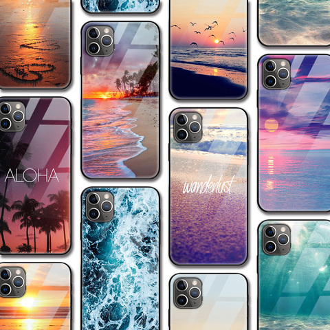 Mer plage crépuscule Funda étui pour Iphone 12 Pro étui pour Iphone 12 11 XR Pro XS MAX X 7 8 6 6S Plus SE 2022 verre trempé étui Capa ► Photo 1/6