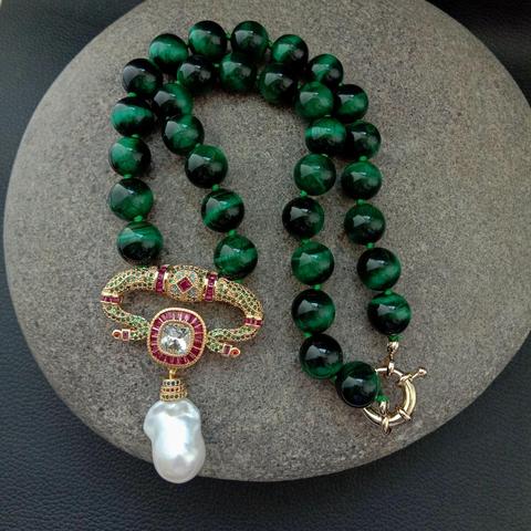 Collier rond en œil de tigre vert pour femmes, 18 